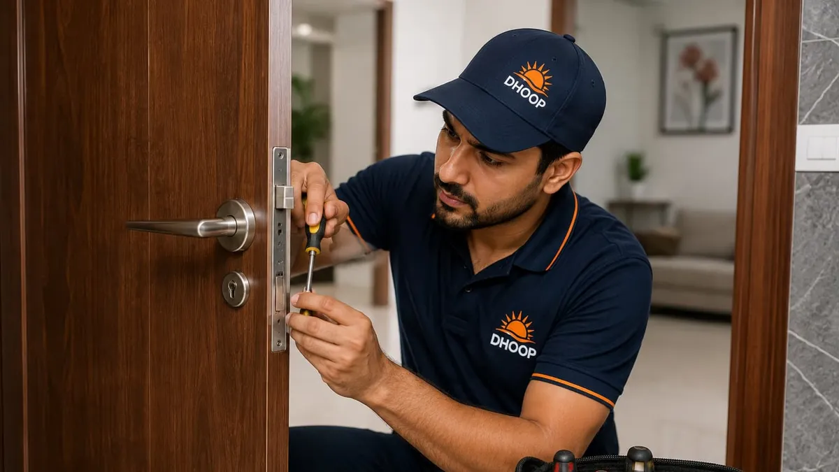 Locksmith fixing a broken door lock at home