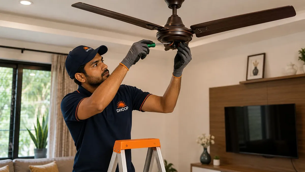 Electrician repairing a wobbling ceiling fan at home