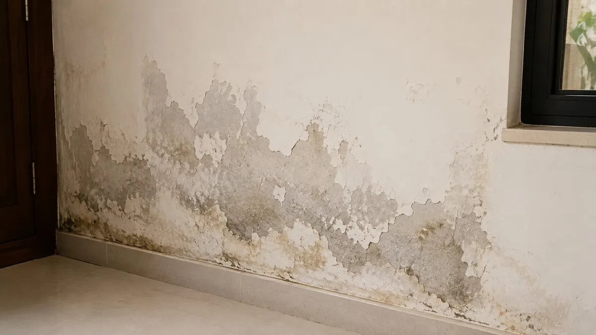 Damp wall showing water seepage and peeling paint