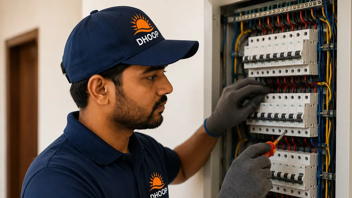DHOOP-verified electrician in uniform repairing an MCB distribution panel in a Rudrapur home