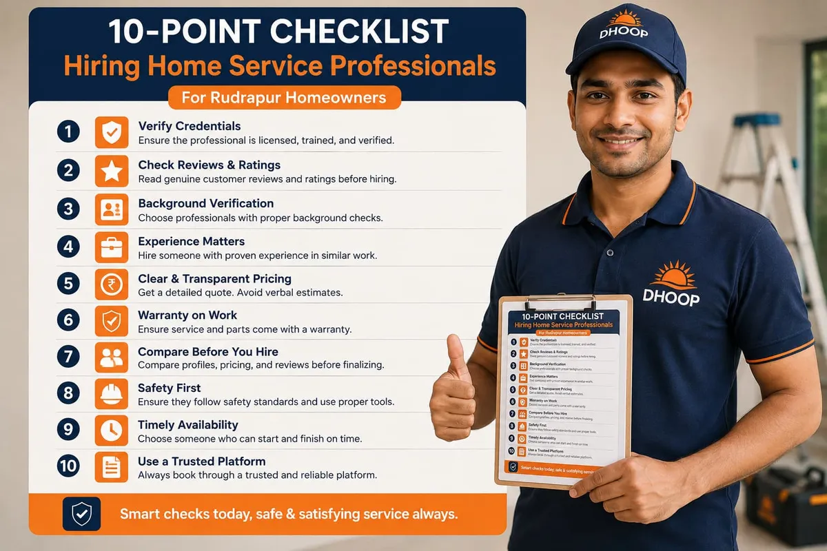 Infographic listing 10 things to check before hiring a home service professional in Rudrapur