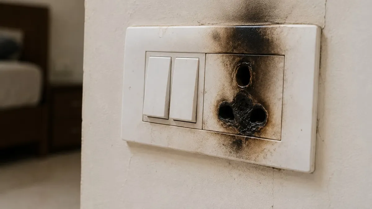Close-up of a scorched electrical socket with visible burn marks