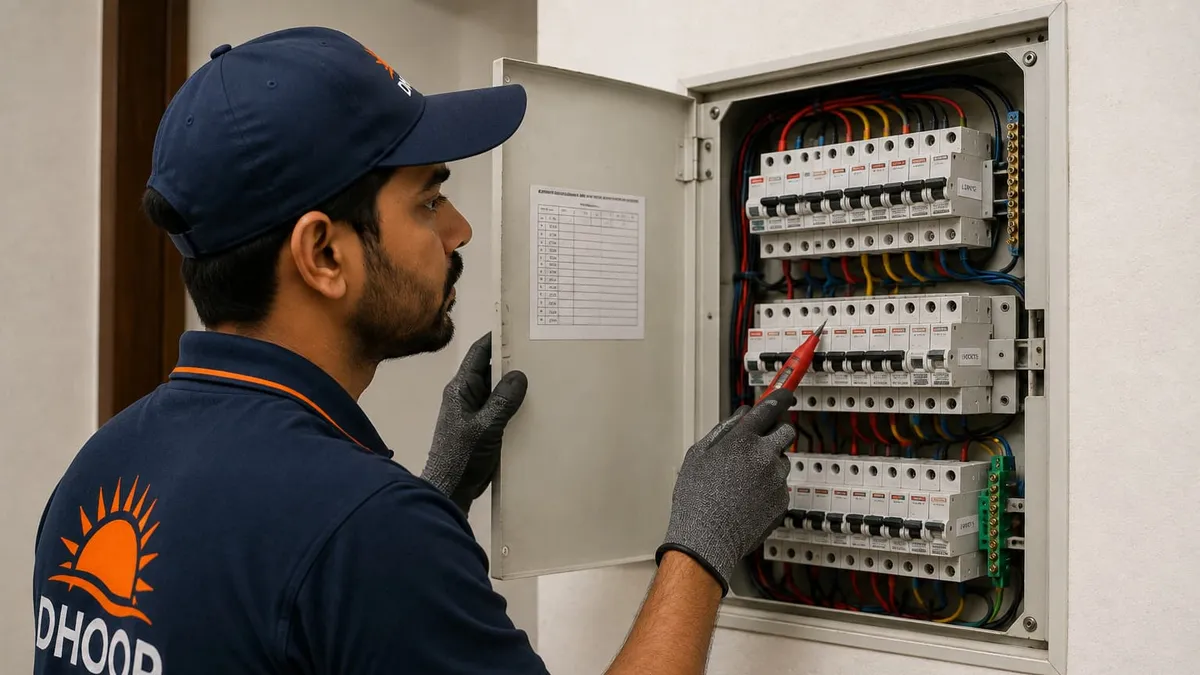 Circuit breaker panel being inspected, showing multiple switches and labels