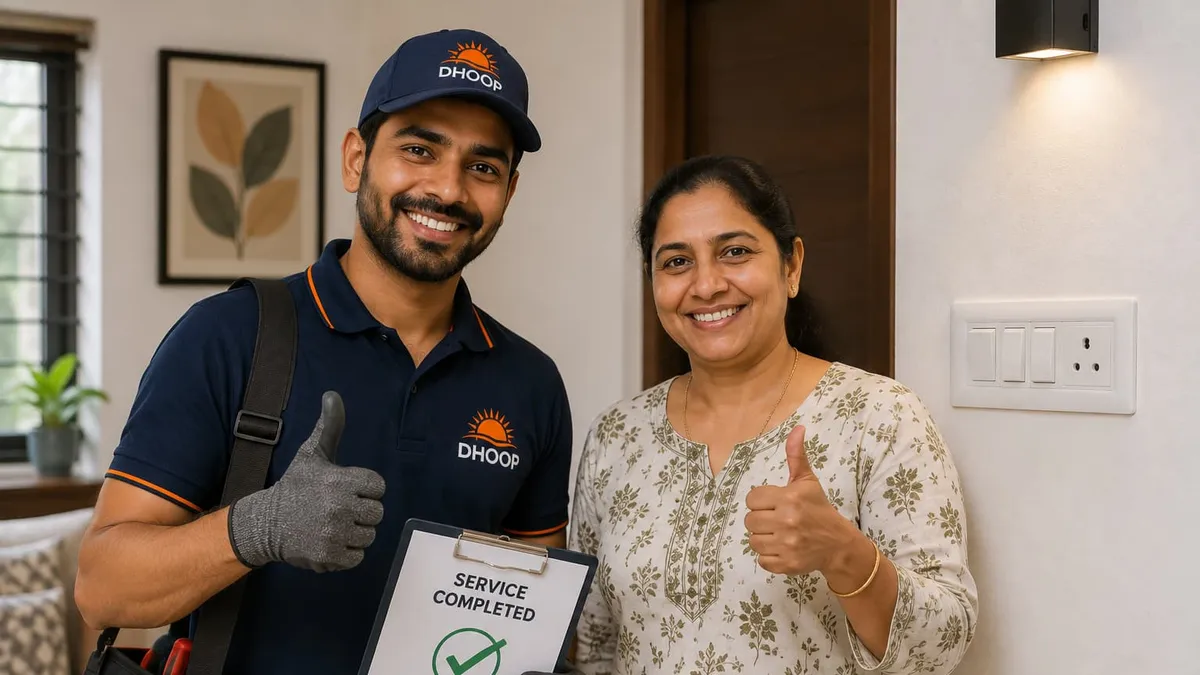 A professional electrician smiling while completing a repair, wearing safety gear