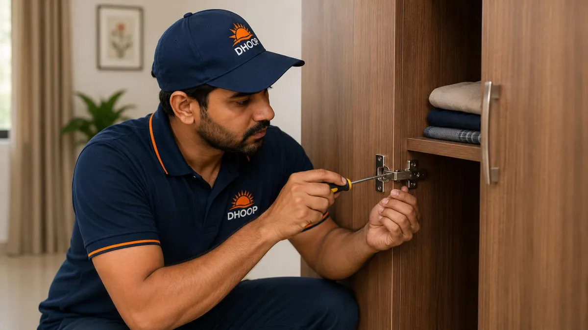 Carpenter fixing a loose cabinet hinge at home